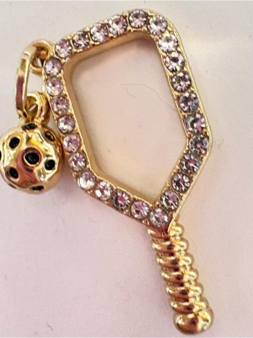 Gold tone and clear rhinestone pickleball pendant charm